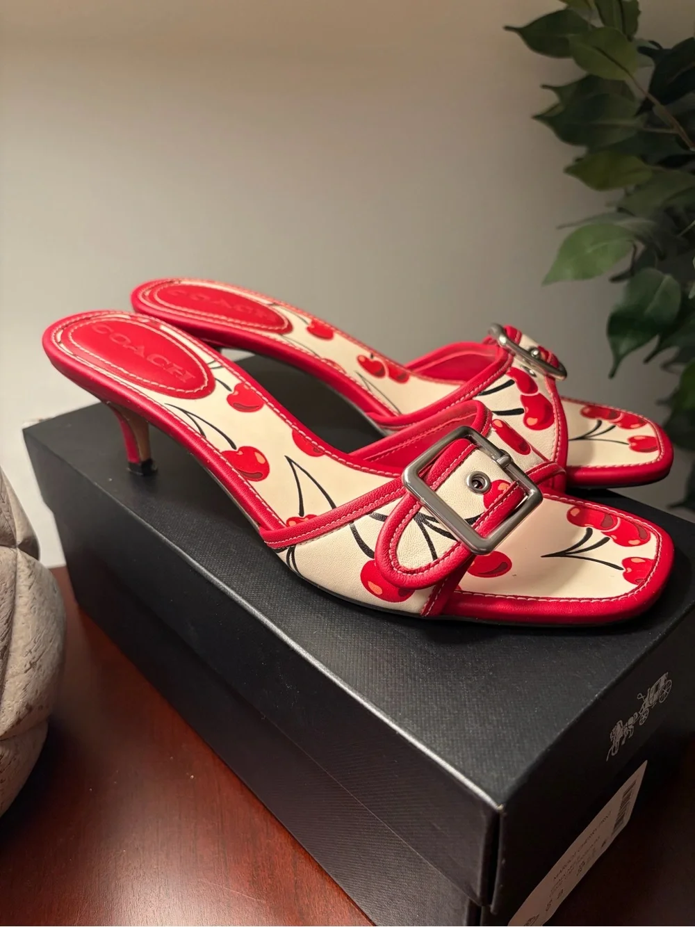 Coach Margot Cherry Print Leather Kitten Heel Sandal Size 9 - Picture 4 of 13